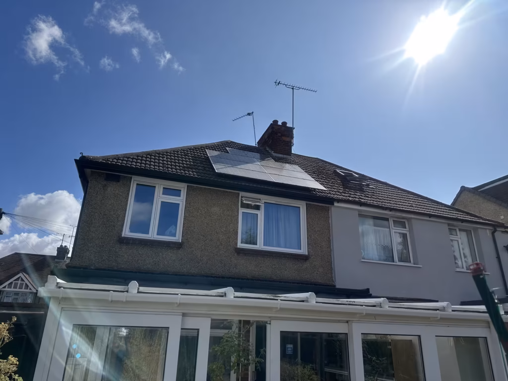 Conservatory and roof solar panels at the rear of a semi-detached house in Luton